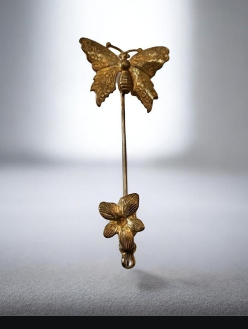 Miriam Haskell Signed Gold Tone Butterfly Hat Pin with Floral Accent Vtg 30s-70s